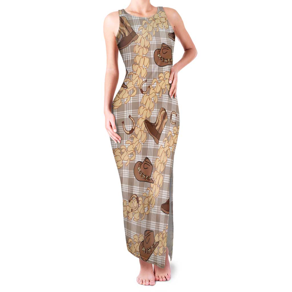 Khaki Palaka Hawaii Cowboy Family Matching Tank Maxi Dress and Hawaiian Shirt Puakenikeni Lei Paniolo Papale Seamless Vibes LT14 Mom's Dress Khaki - Polynesian Pride