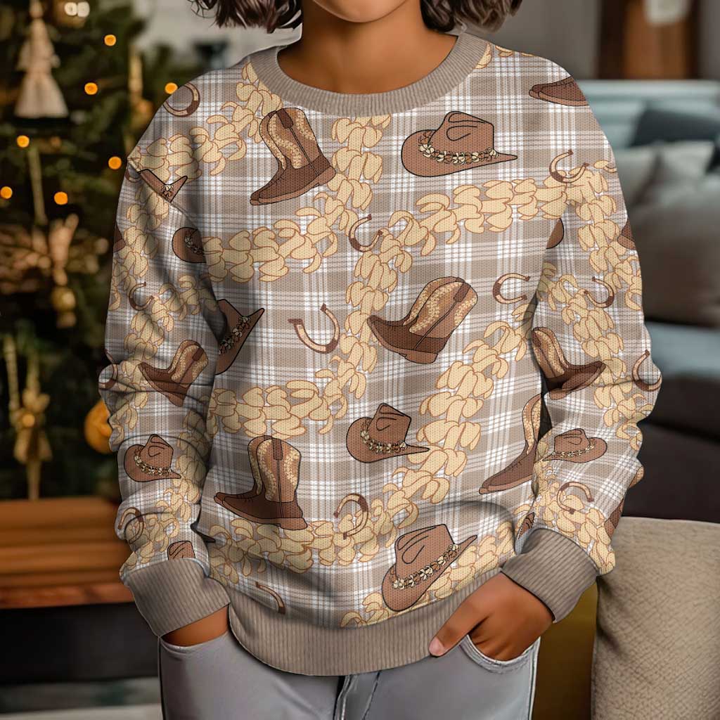 Khaki Palaka Hawaii Cowboy Kid Ugly Christmas Sweater Puakenikeni Lei Paniolo Papale Seamless Vibes LT14 - Polynesian Pride
