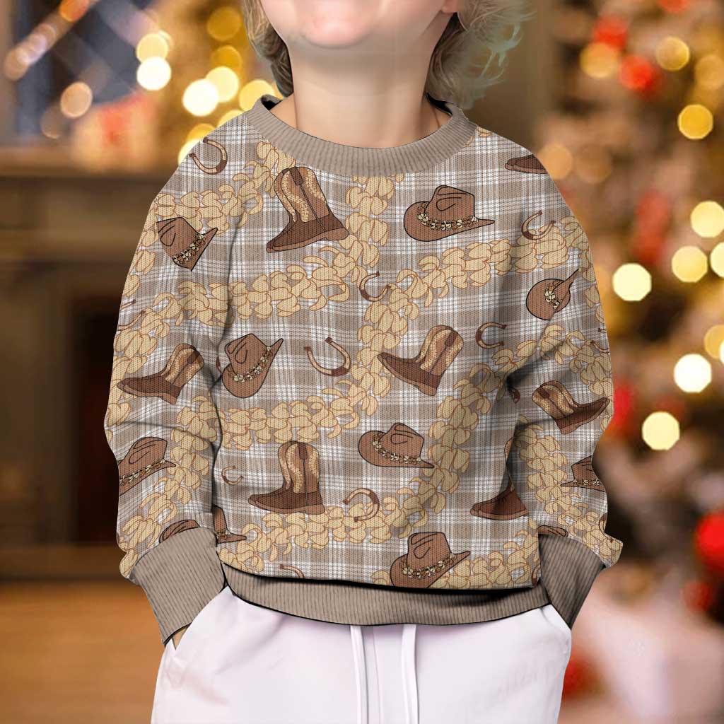 Khaki Palaka Hawaii Cowboy Kid Ugly Christmas Sweater Puakenikeni Lei Paniolo Papale Seamless Vibes LT14 - Polynesian Pride