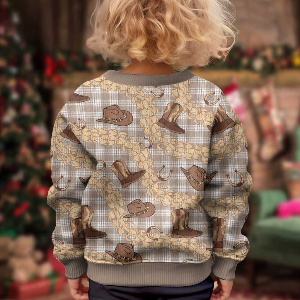 Khaki Palaka Hawaii Cowboy Kid Ugly Christmas Sweater Puakenikeni Lei Paniolo Papale Seamless Vibes LT14 - Polynesian Pride