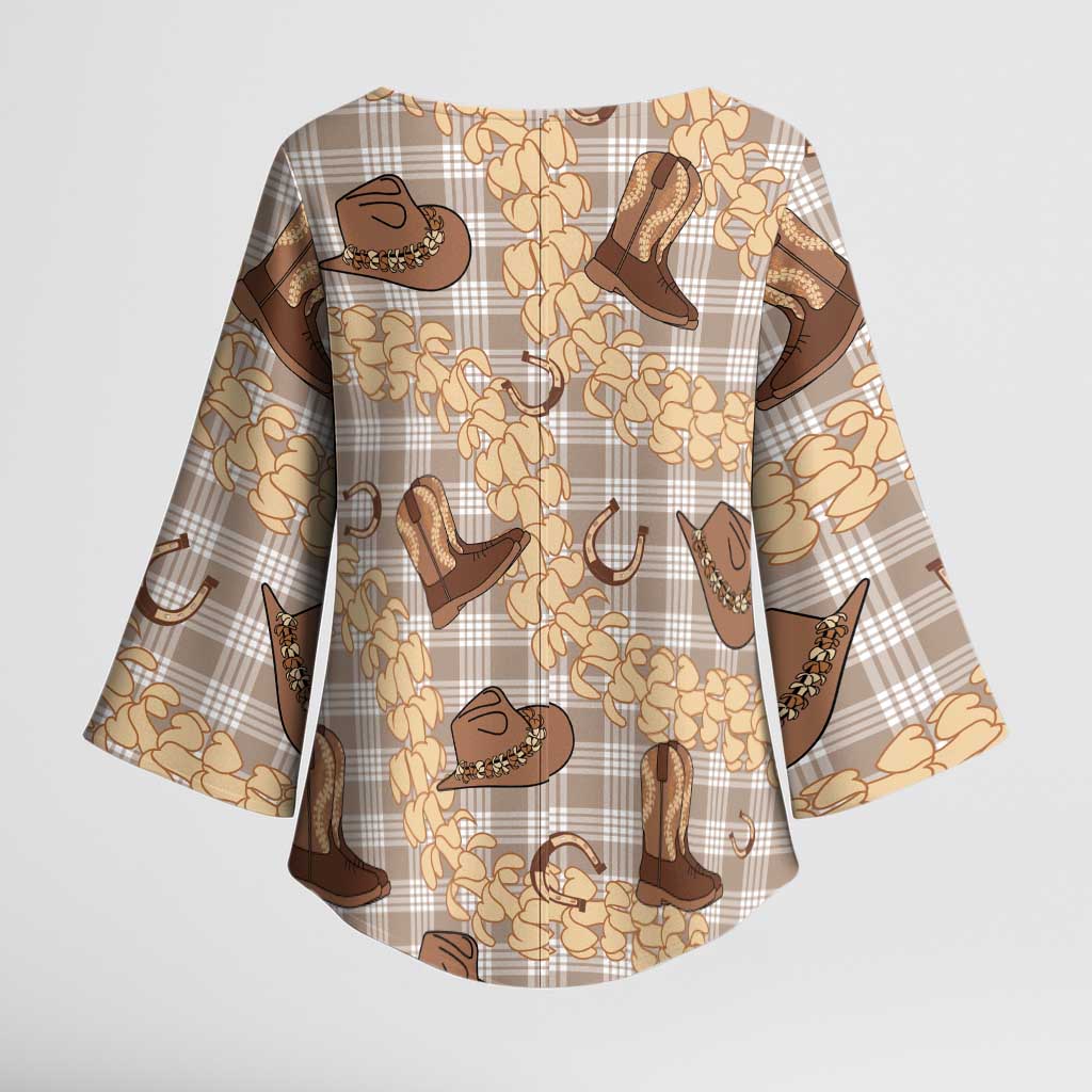 Khaki Palaka Hawaii Cowboy Kimono Sleeve Blouse Puakenikeni Lei Paniolo Papale Seamless Vibes LT14 - Polynesian Pride