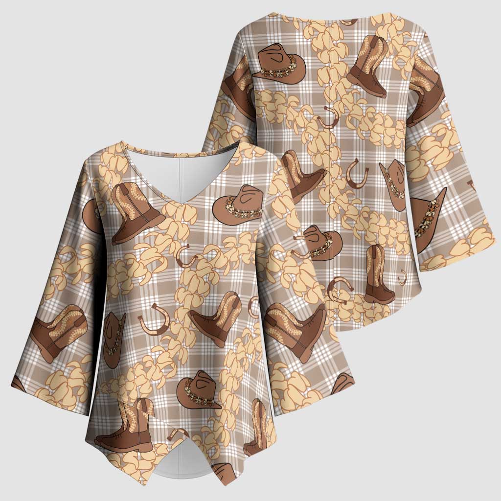 Khaki Palaka Hawaii Cowboy Kimono Sleeve Blouse Puakenikeni Lei Paniolo Papale Seamless Vibes LT14 - Polynesian Pride