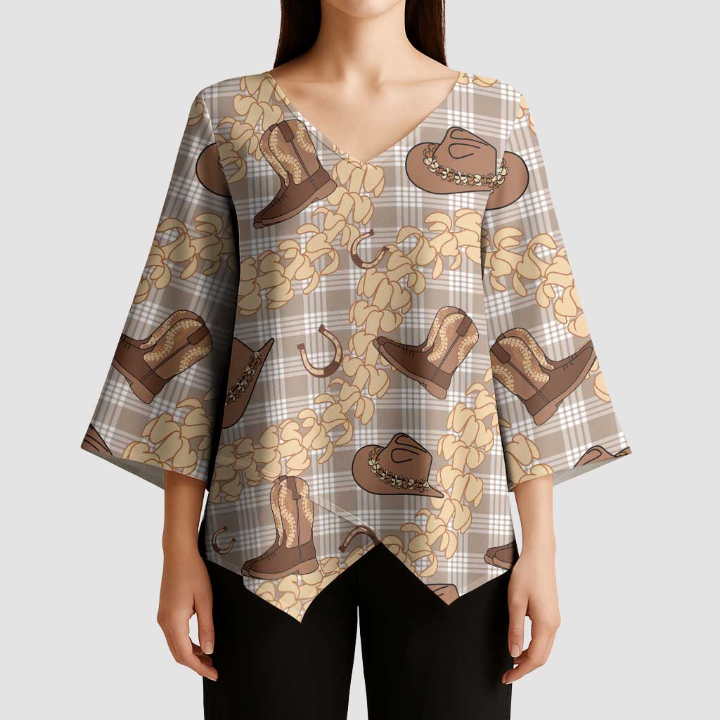 Khaki Palaka Hawaii Cowboy Kimono Sleeve Blouse Puakenikeni Lei Paniolo Papale Seamless Vibes LT14 - Polynesian Pride