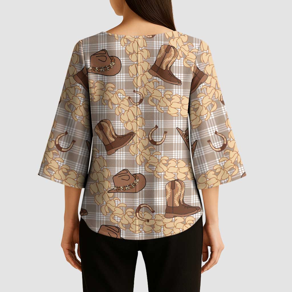 Khaki Palaka Hawaii Cowboy Kimono Sleeve Blouse Puakenikeni Lei Paniolo Papale Seamless Vibes LT14 - Polynesian Pride