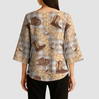 Khaki Palaka Hawaii Cowboy Kimono Sleeve Blouse Puakenikeni Lei Paniolo Papale Seamless Vibes LT14 - Polynesian Pride