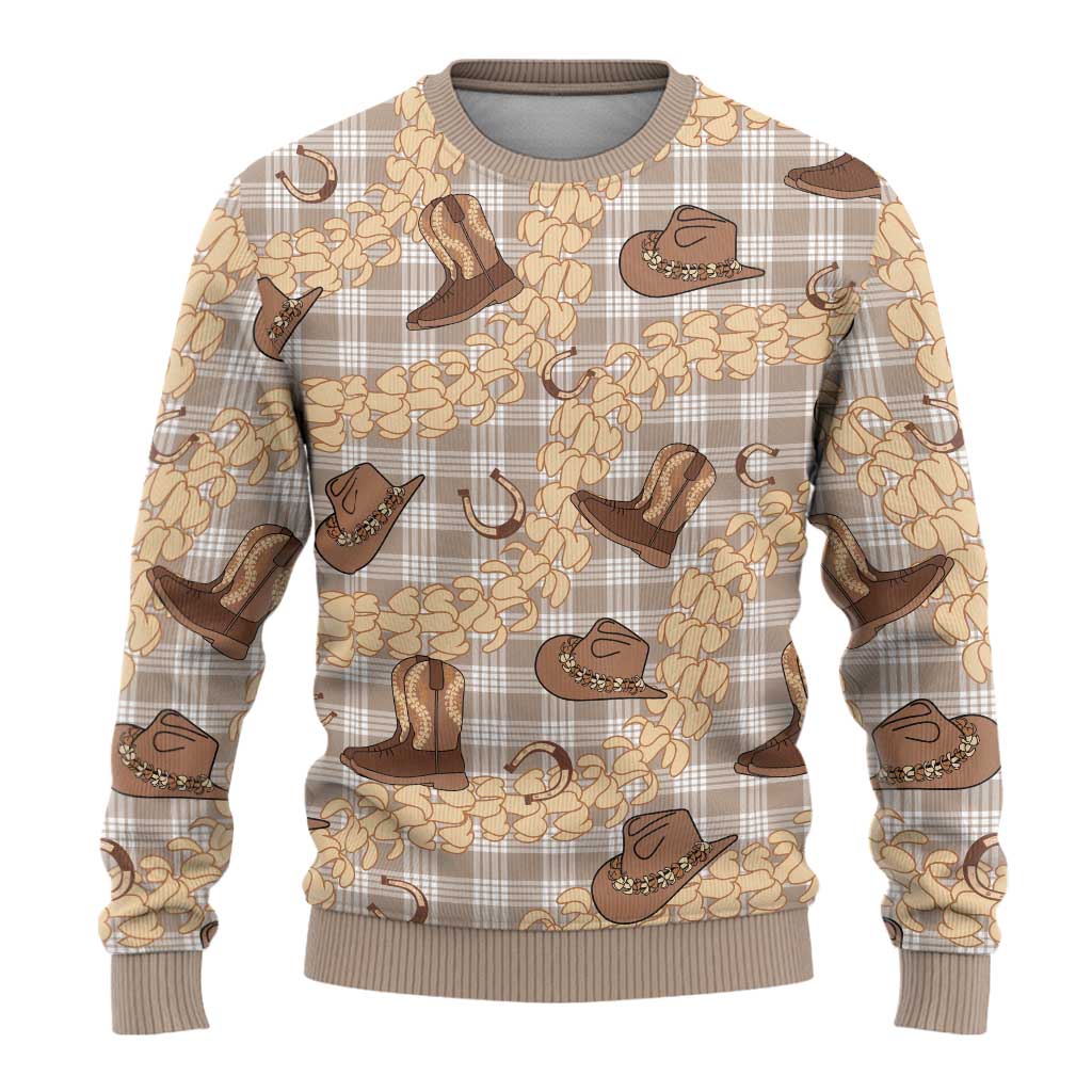 Khaki Palaka Hawaii Cowboy Ugly Christmas Sweater Puakenikeni Lei Paniolo Papale Seamless Vibes LT14 - Polynesian Pride