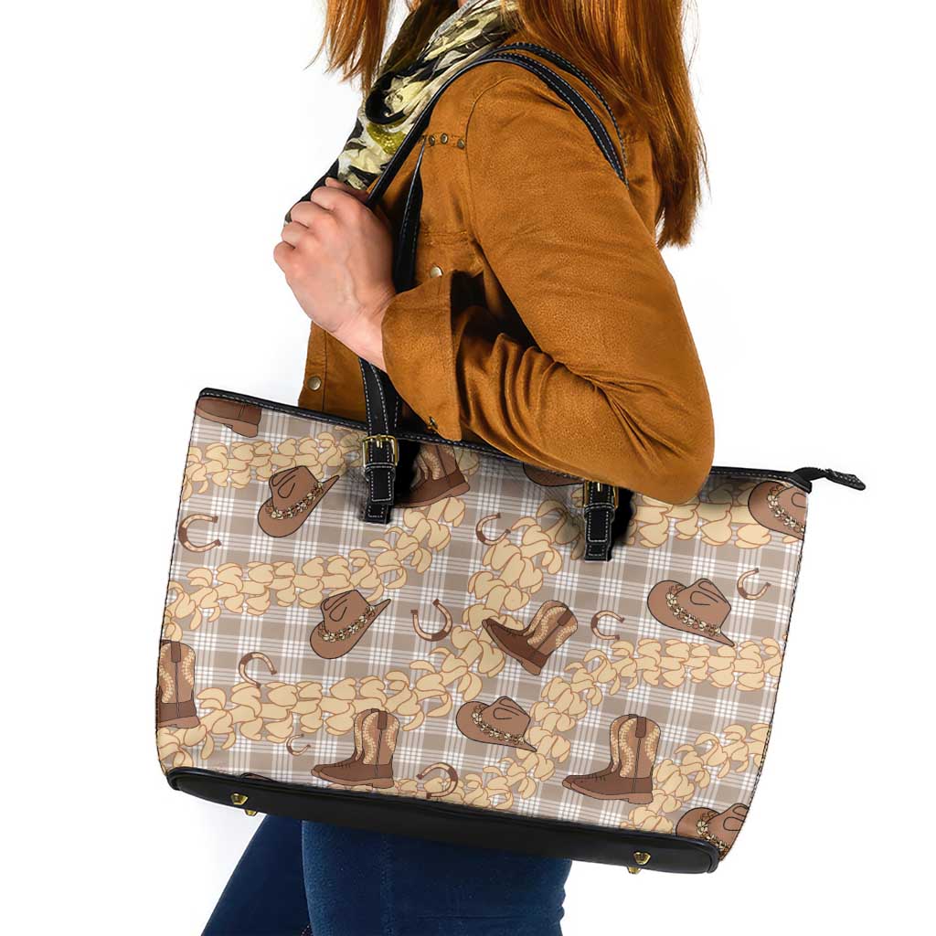 Khaki Palaka Hawaii Cowboy Leather Tote Bag Puakenikeni Lei Paniolo Papale Seamless Vibes LT14 Khaki - Polynesian Pride