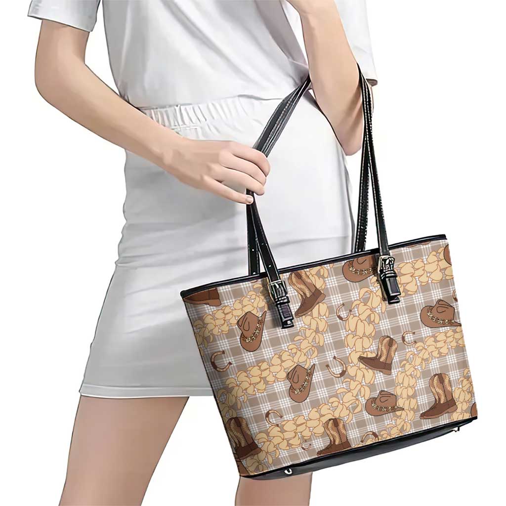 Khaki Palaka Hawaii Cowboy Leather Tote Bag Puakenikeni Lei Paniolo Papale Seamless Vibes LT14 - Polynesian Pride
