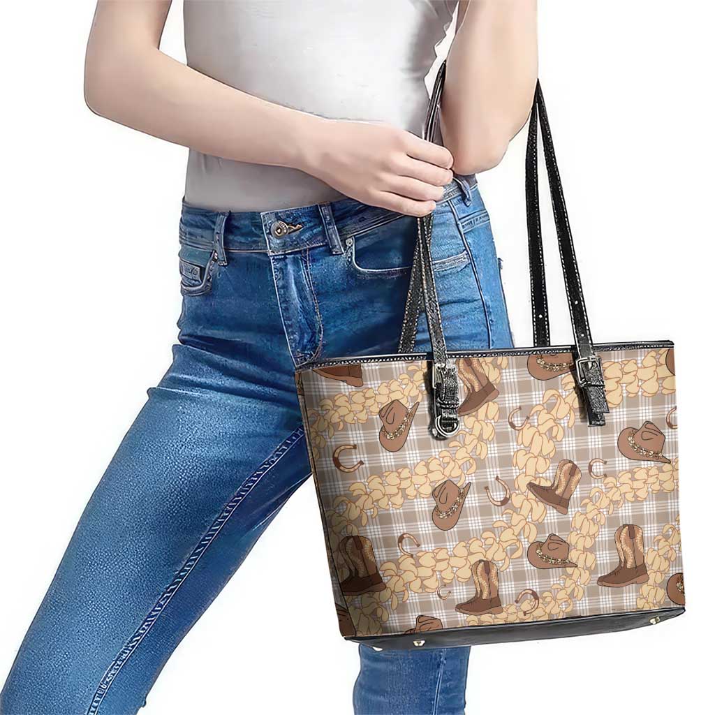 Khaki Palaka Hawaii Cowboy Leather Tote Bag Puakenikeni Lei Paniolo Papale Seamless Vibes LT14 - Polynesian Pride
