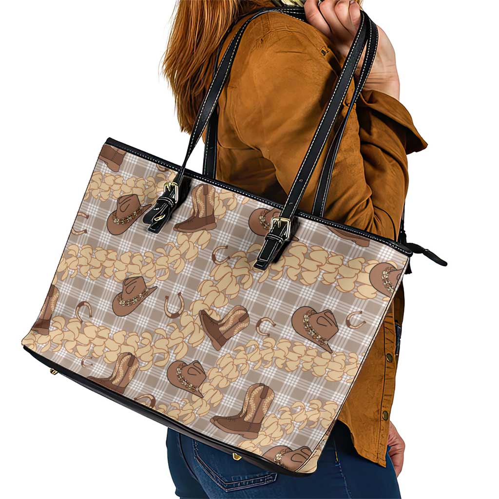 Khaki Palaka Hawaii Cowboy Leather Tote Bag Puakenikeni Lei Paniolo Papale Seamless Vibes LT14 - Polynesian Pride