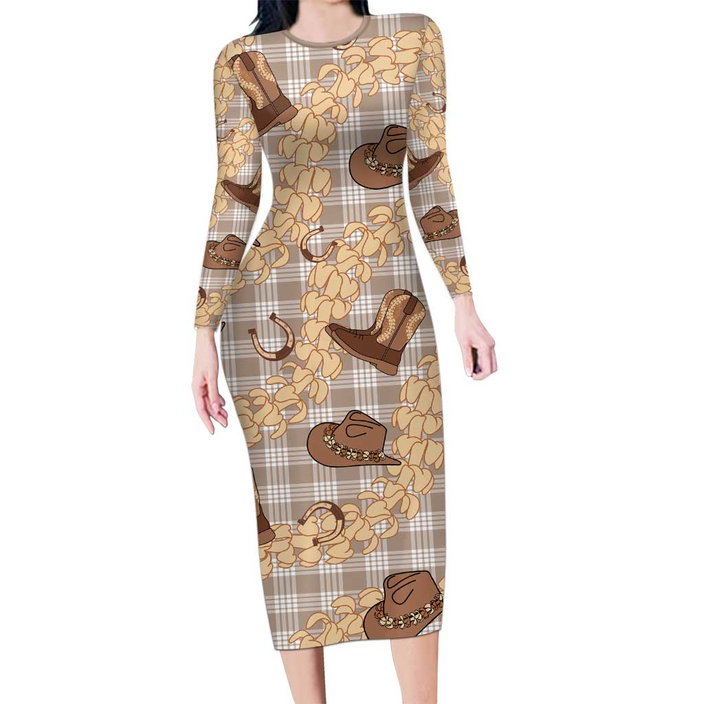 Khaki Palaka Hawaii Cowboy Long Sleeve Bodycon Dress Puakenikeni Lei Paniolo Papale Seamless Vibes LT14 Long Dress Khaki - Polynesian Pride