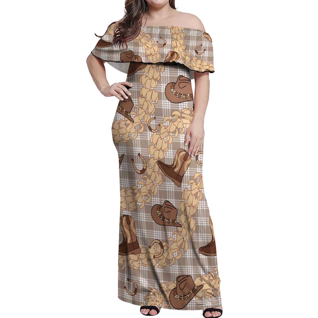 Khaki Palaka Hawaii Cowboy Off Shoulder Maxi Dress Puakenikeni Lei Paniolo Papale Seamless Vibes LT14 Women Khaki - Polynesian Pride