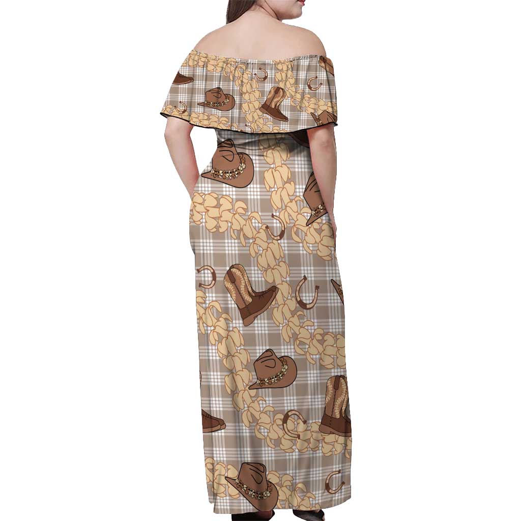 Khaki Palaka Hawaii Cowboy Off Shoulder Maxi Dress Puakenikeni Lei Paniolo Papale Seamless Vibes LT14 - Polynesian Pride