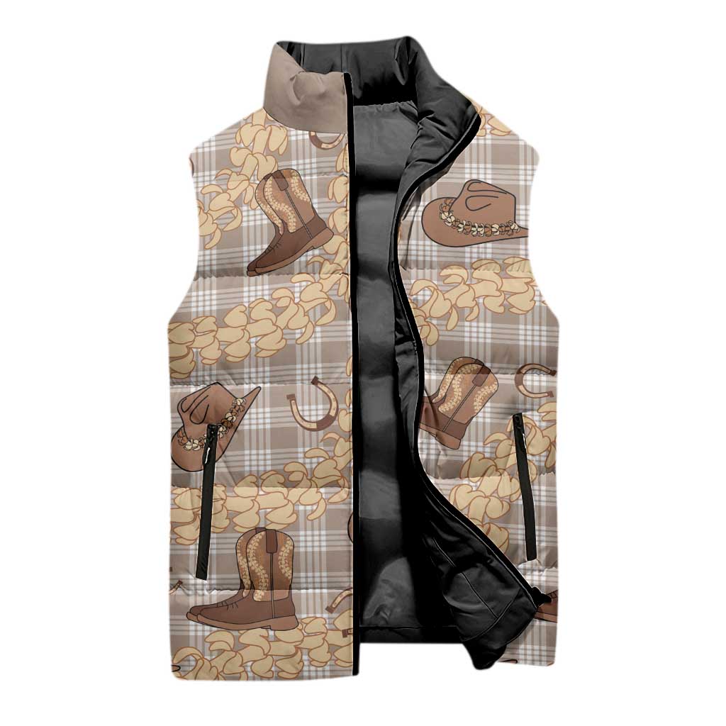 Khaki Palaka Hawaii Cowboy Sleeveless Puffer Jacket Puakenikeni Lei Paniolo Papale Seamless Vibes LT14 - Polynesian Pride