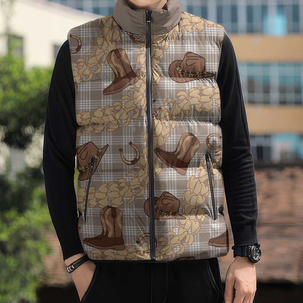 Khaki Palaka Hawaii Cowboy Sleeveless Puffer Jacket Puakenikeni Lei Paniolo Papale Seamless Vibes LT14 - Polynesian Pride