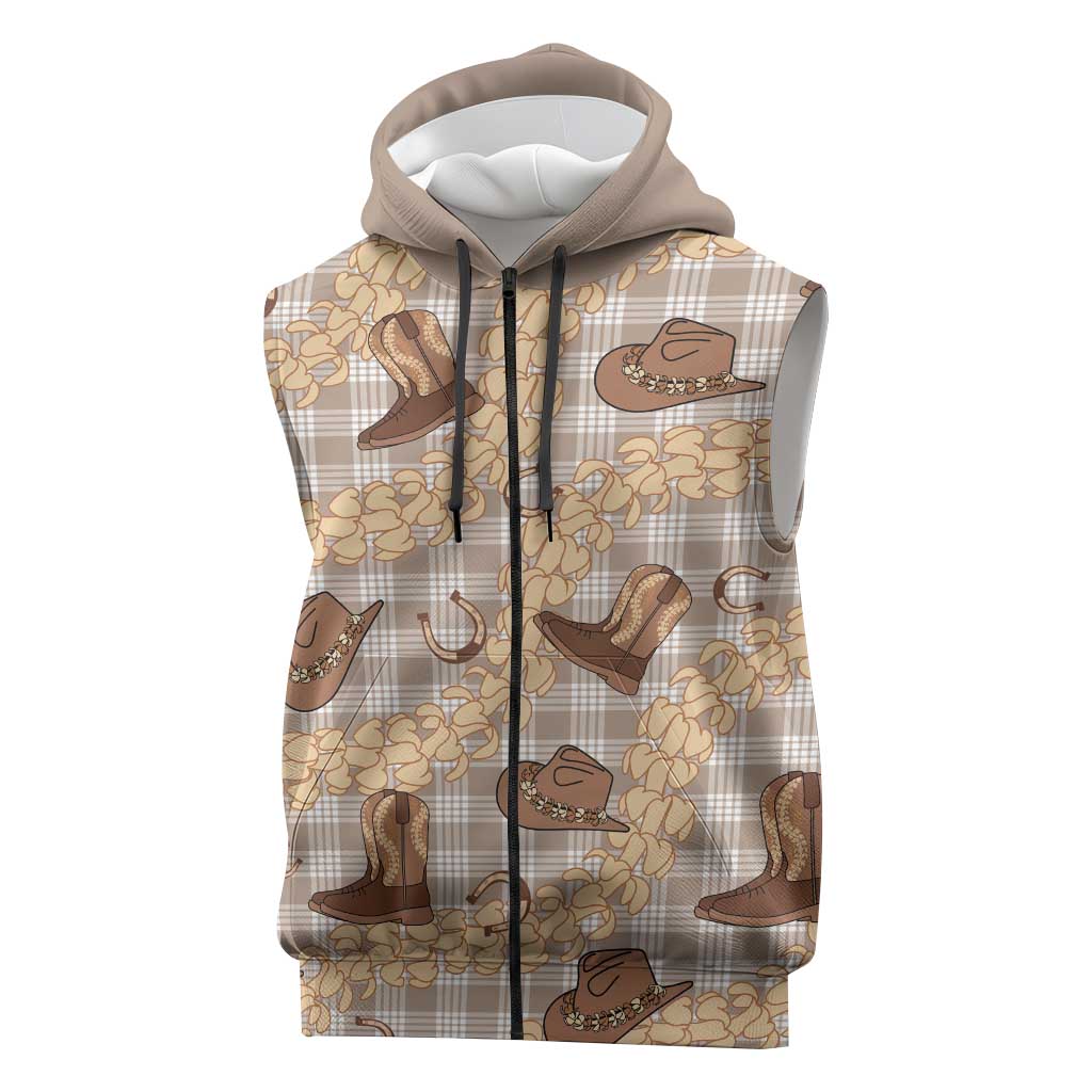 Khaki Palaka Hawaii Cowboy Sleeveless Zip Hoodie Puakenikeni Lei Paniolo Papale Seamless Vibes - Polynesian Pride