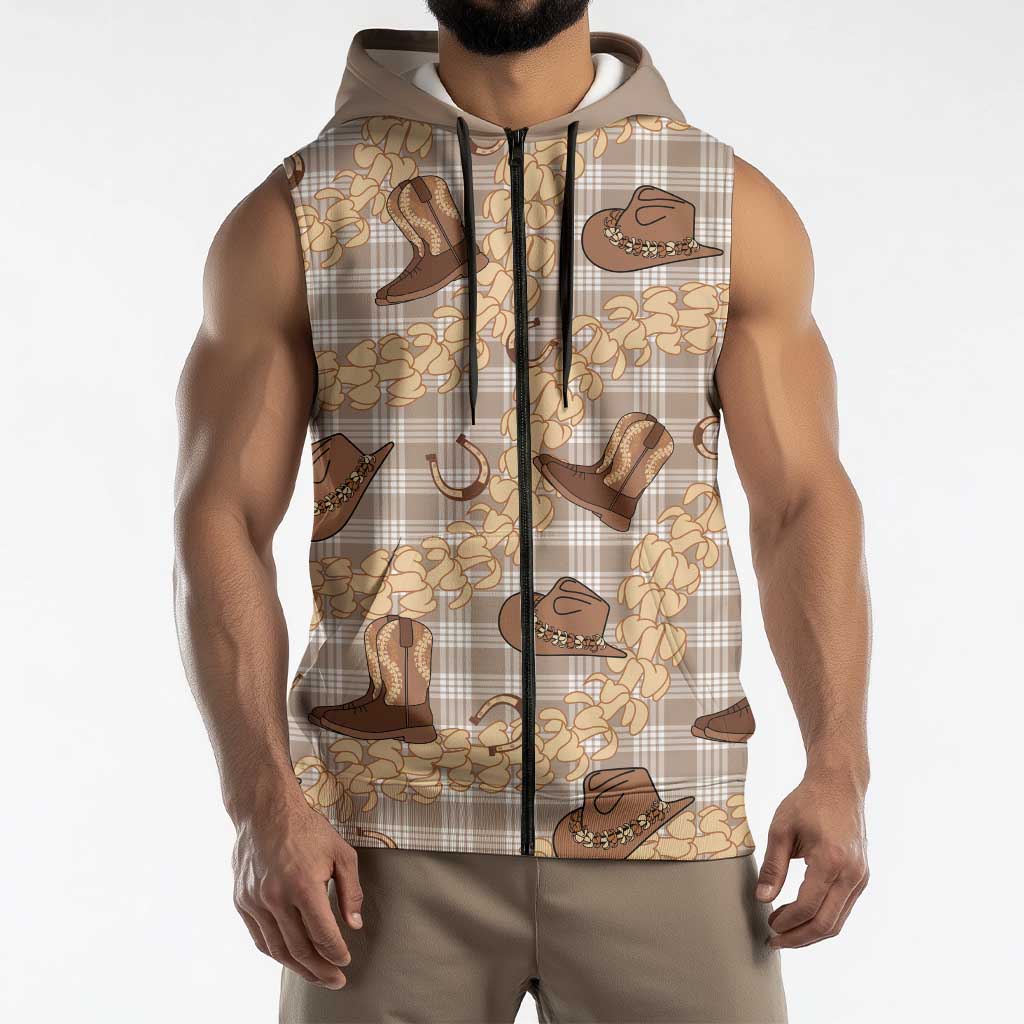 Khaki Palaka Hawaii Cowboy Sleeveless Zip Hoodie Puakenikeni Lei Paniolo Papale Seamless Vibes LT14 - Polynesian Pride