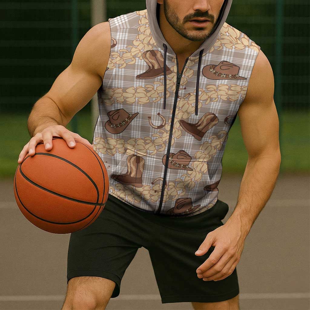 Khaki Palaka Hawaii Cowboy Sleeveless Zip Hoodie Puakenikeni Lei Paniolo Papale Seamless Vibes LT14 - Polynesian Pride