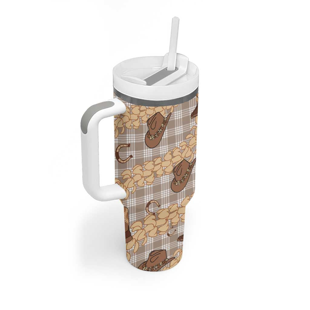 Khaki Palaka Hawaii Cowboy Tumbler With Handle Puakenikeni Lei Paniolo Papale Seamless Vibes LT14 - Polynesian Pride