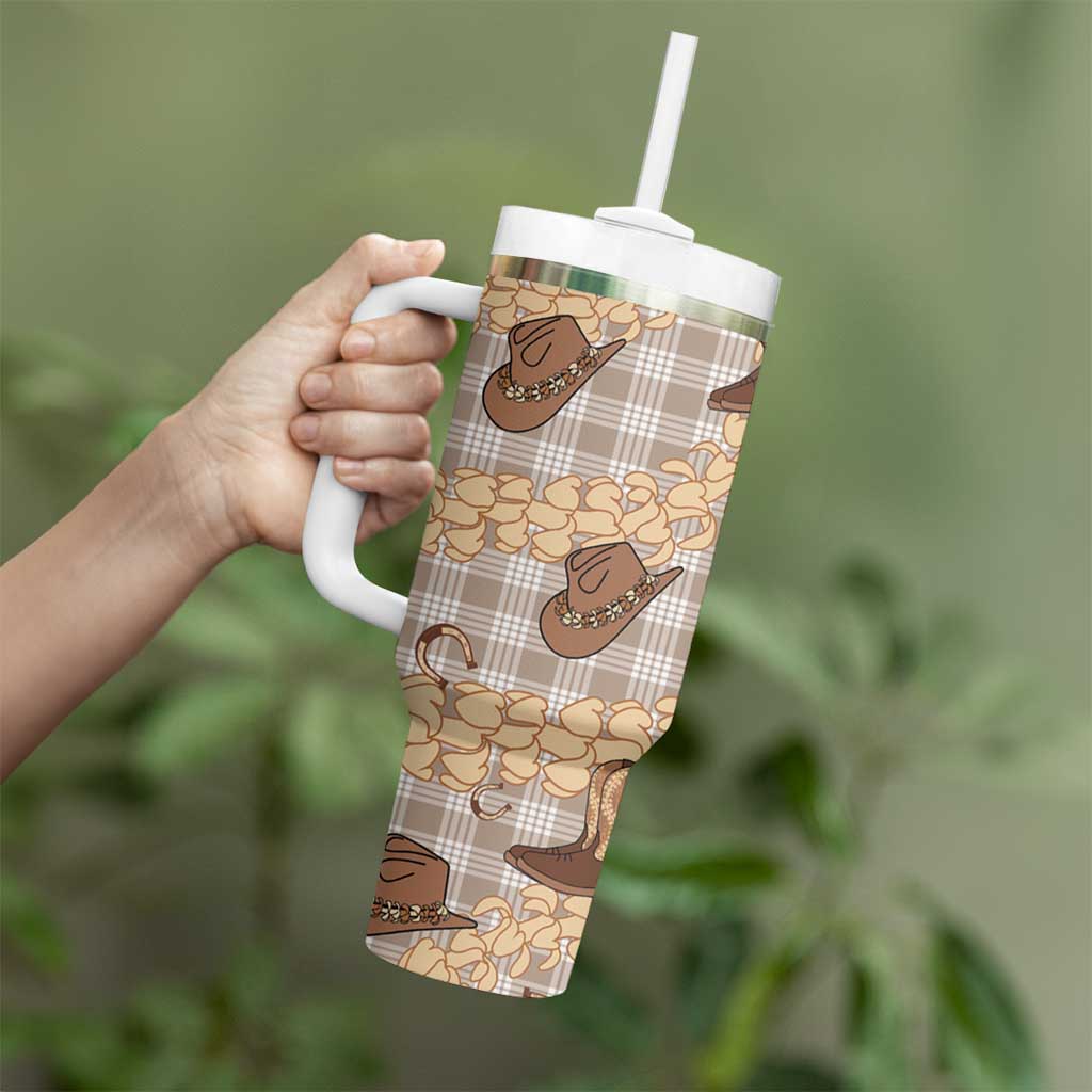 Khaki Palaka Hawaii Cowboy Tumbler With Handle Puakenikeni Lei Paniolo Papale Seamless Vibes LT14 - Polynesian Pride