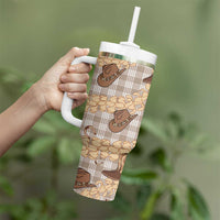 Khaki Palaka Hawaii Cowboy Tumbler With Handle Puakenikeni Lei Paniolo Papale Seamless Vibes LT14 - Polynesian Pride