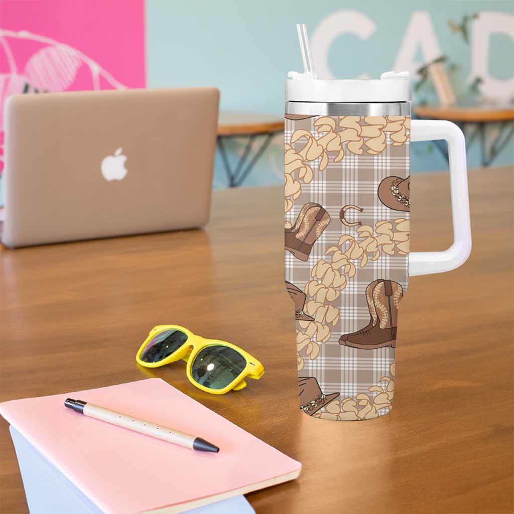 Khaki Palaka Hawaii Cowboy Tumbler With Handle Puakenikeni Lei Paniolo Papale Seamless Vibes LT14 - Polynesian Pride
