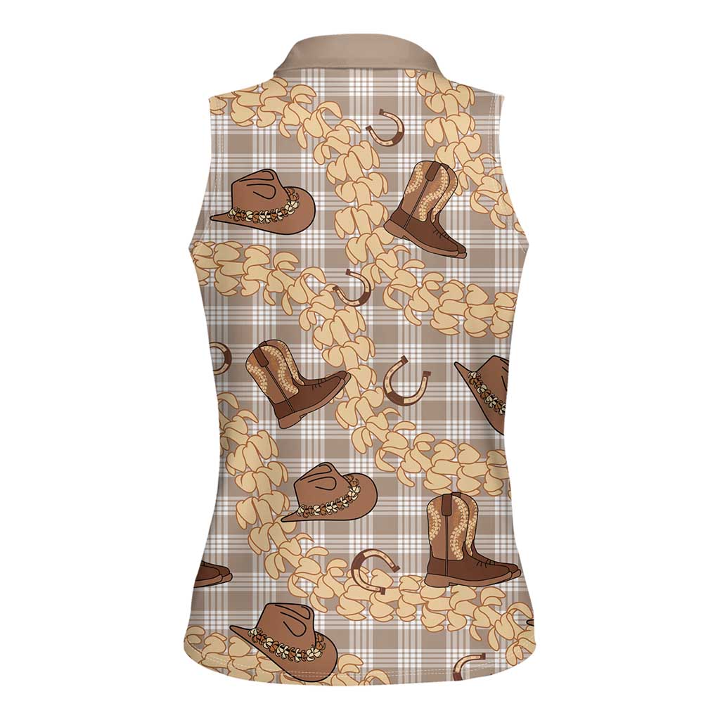 Khaki Palaka Hawaii Cowboy Women Sleeveless Polo Shirt Puakenikeni Lei Paniolo Papale Seamless Vibes LT14 - Polynesian Pride
