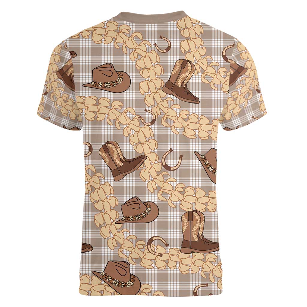 Khaki Palaka Hawaii Cowboy Women V-Neck T-Shirt Puakenikeni Lei Paniolo Papale Seamless Vibes LT14 - Polynesian Pride
