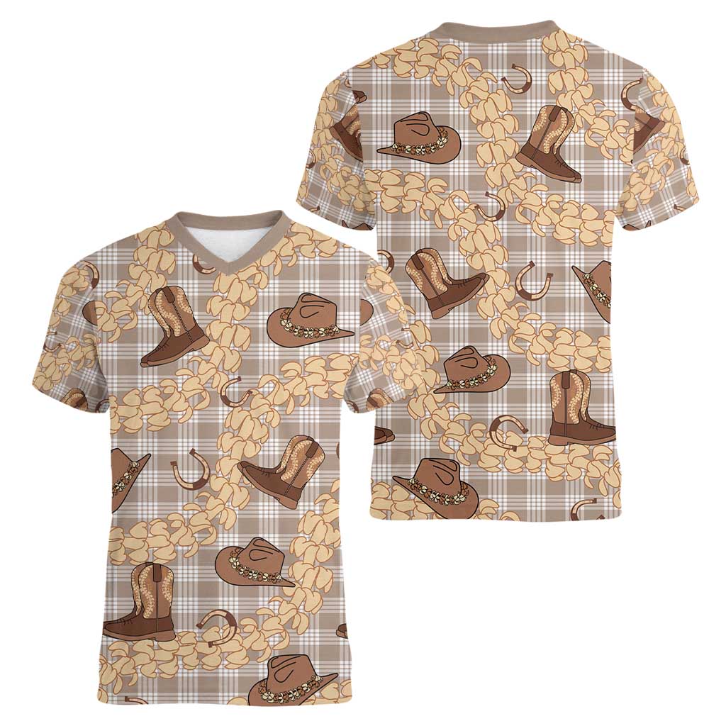 Khaki Palaka Hawaii Cowboy Women V-Neck T-Shirt Puakenikeni Lei Paniolo Papale Seamless Vibes LT14 - Polynesian Pride