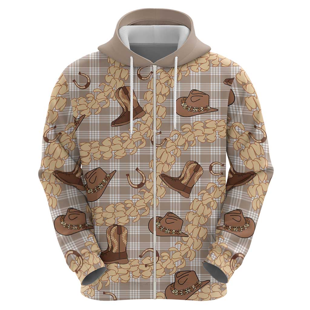 Khaki Palaka Hawaii Cowboy Zip Hoodie Puakenikeni Lei Paniolo Papale Seamless Vibes LT14 - Polynesian Pride