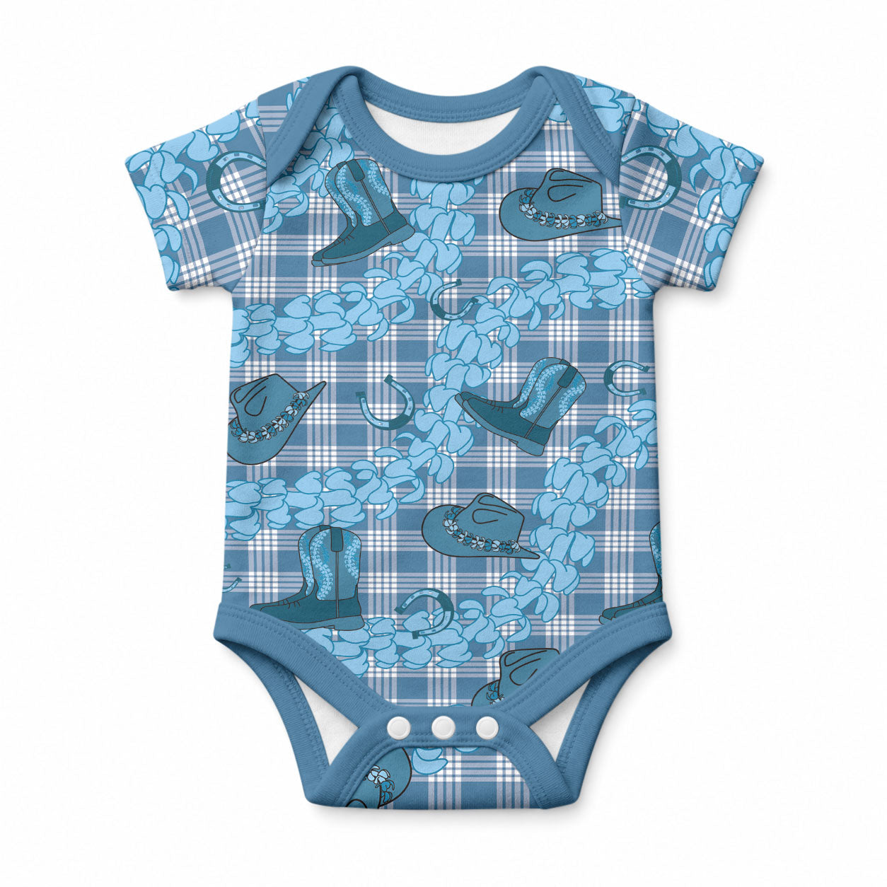 Cyan Palaka Hawaii Cowboy Baby Onesie Puakenikeni Lei Paniolo Papale Seamless Vibes
