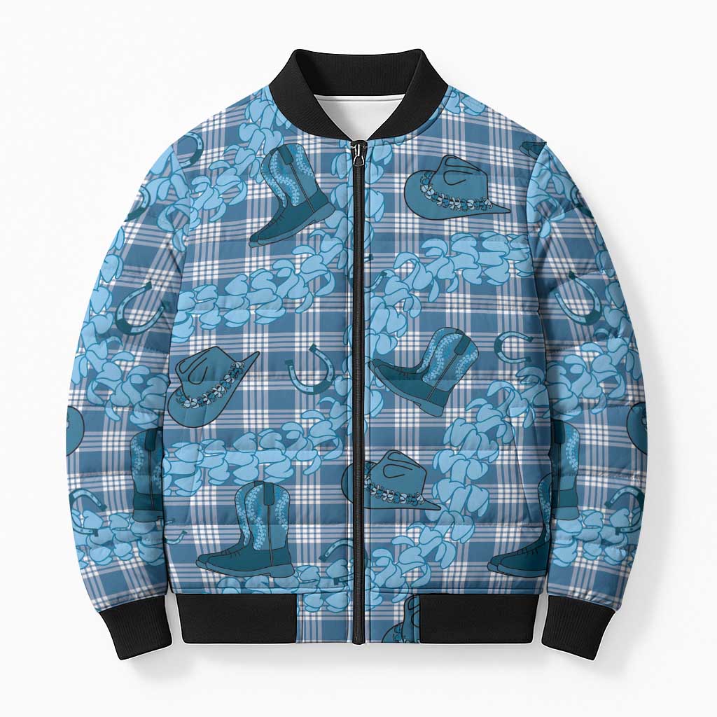 Cyan Palaka Hawaii Cowboy Bomber Puffer Jacket Puakenikeni Lei Paniolo Papale Seamless Vibes LT14 Unisex Cyan - Polynesian Pride