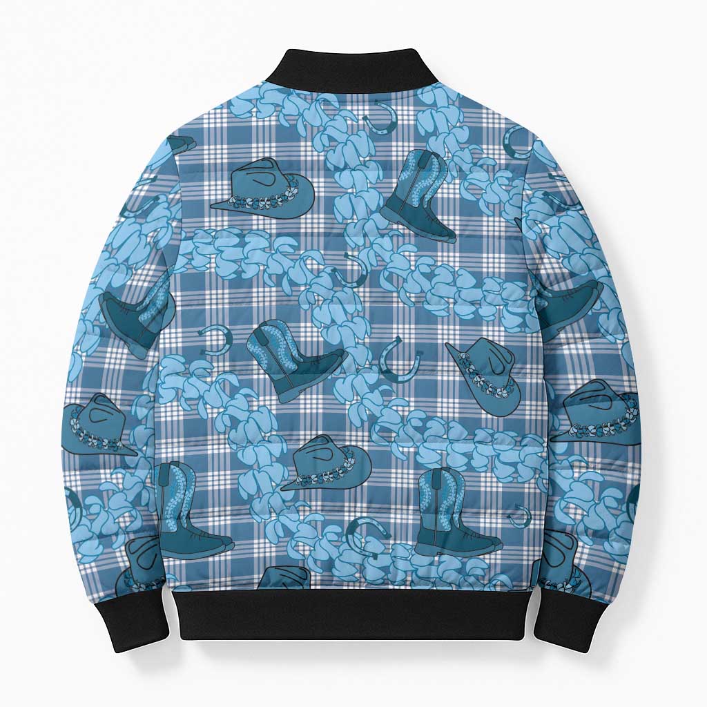 Cyan Palaka Hawaii Cowboy Bomber Puffer Jacket Puakenikeni Lei Paniolo Papale Seamless Vibes LT14 - Polynesian Pride