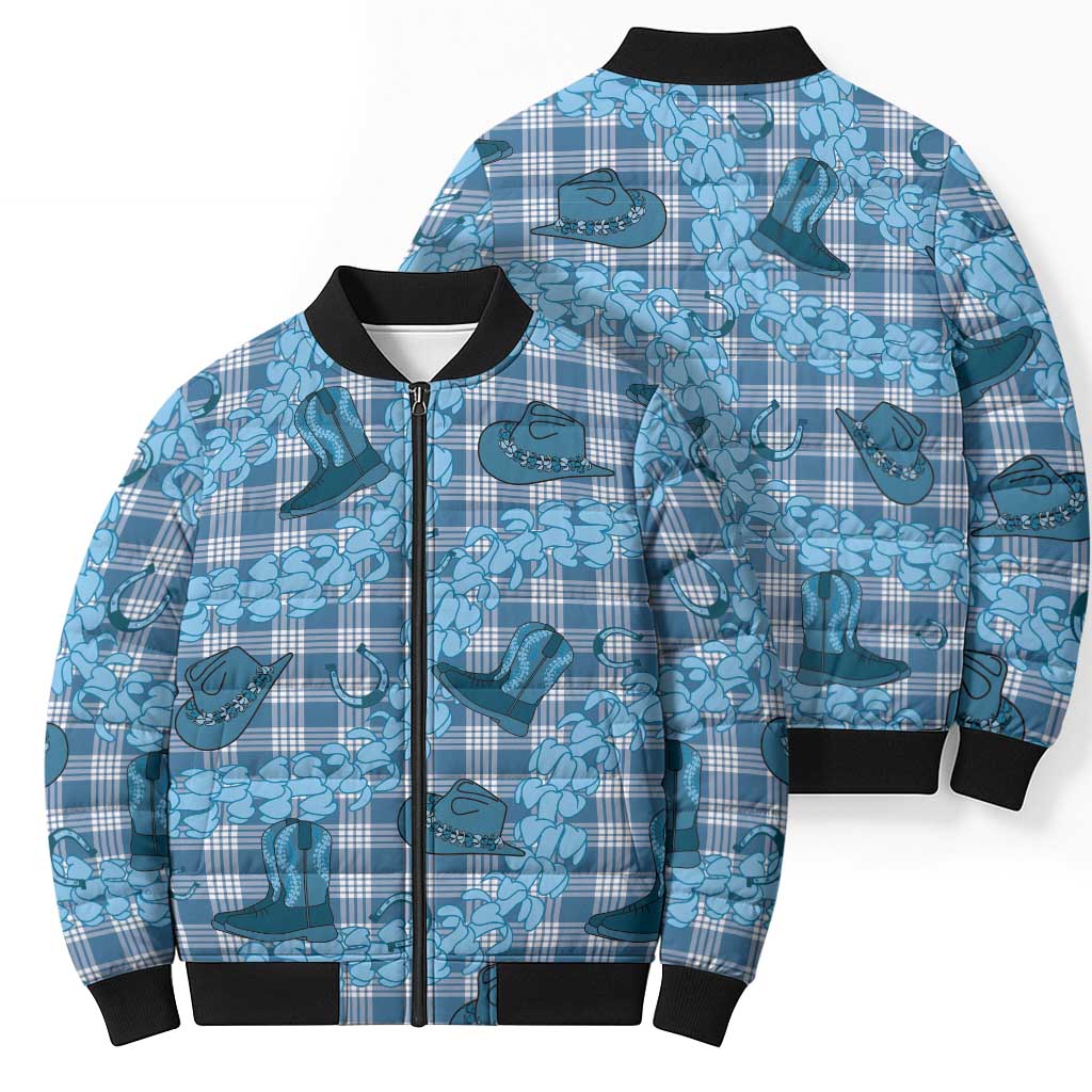 Cyan Palaka Hawaii Cowboy Bomber Puffer Jacket Puakenikeni Lei Paniolo Papale Seamless Vibes LT14 - Polynesian Pride