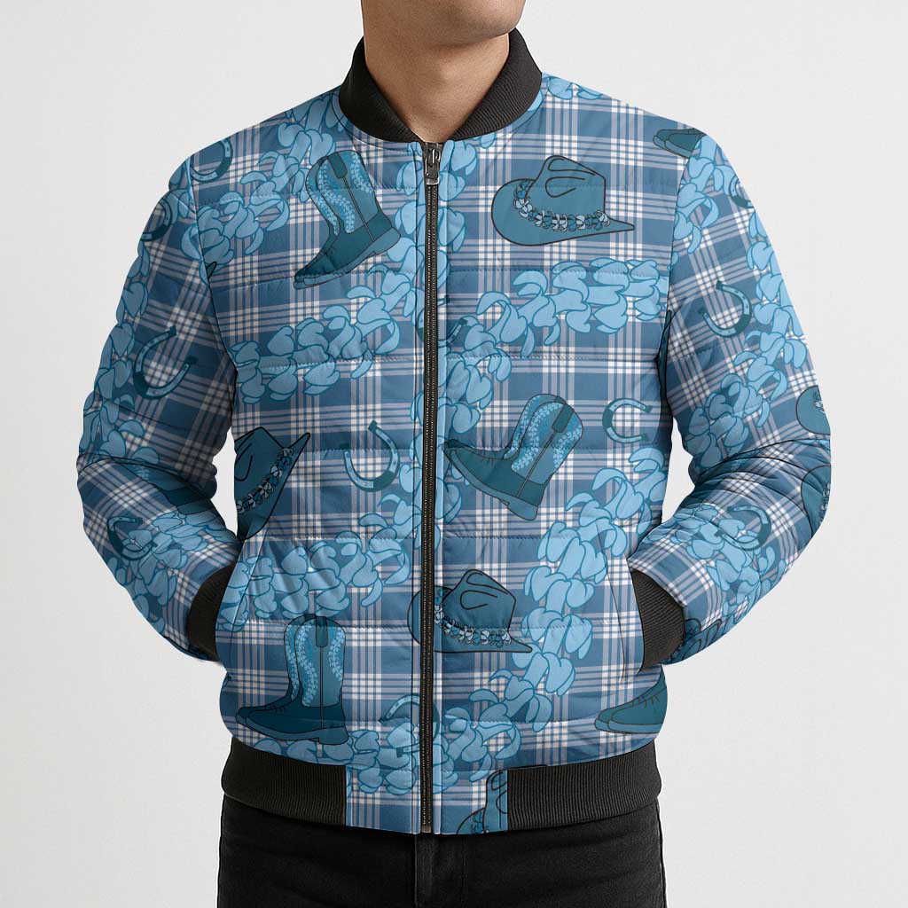 Cyan Palaka Hawaii Cowboy Bomber Puffer Jacket Puakenikeni Lei Paniolo Papale Seamless Vibes LT14 - Polynesian Pride