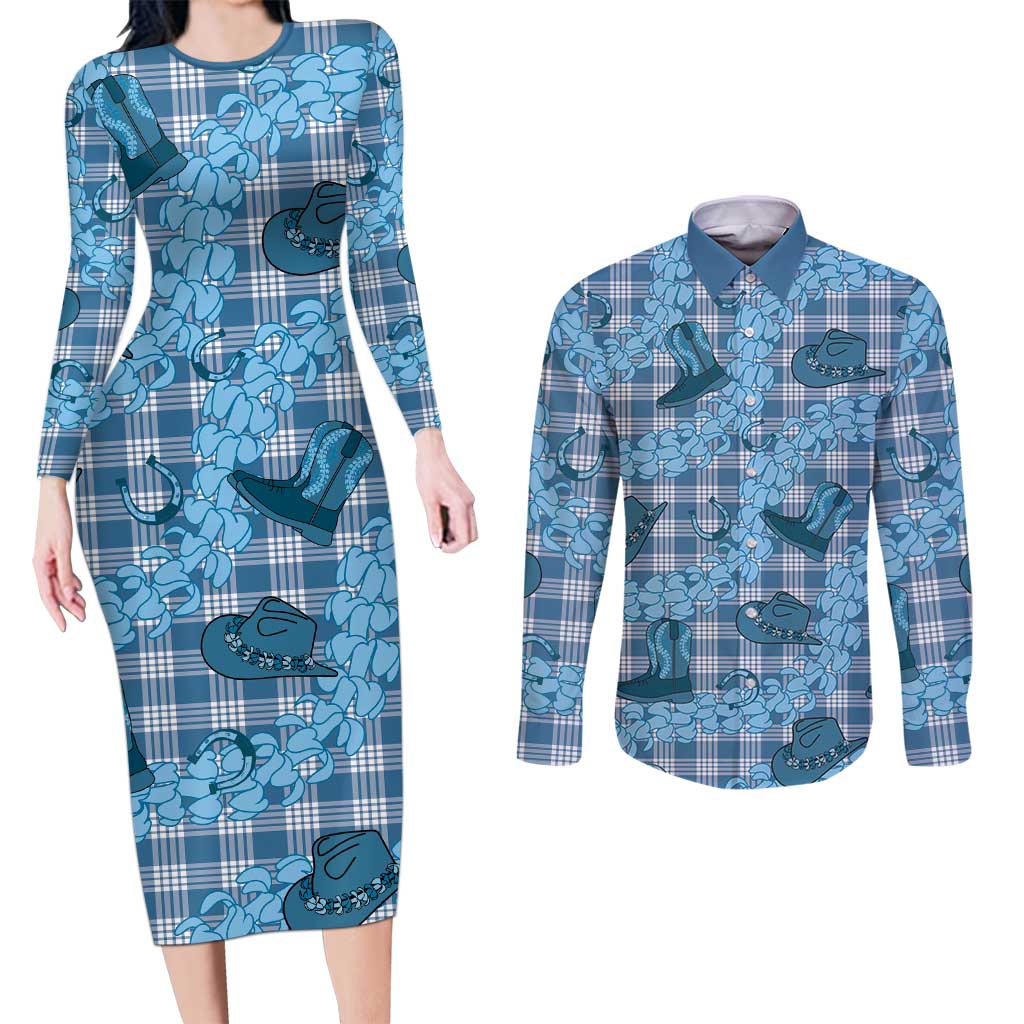 Cyan Palaka Hawaii Cowboy Couples Matching Long Sleeve Bodycon Dress and Long Sleeve Button Shirt Puakenikeni Lei Paniolo Papale Seamless Vibes LT14 Cyan - Polynesian Pride
