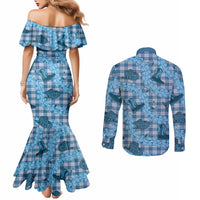 Cyan Palaka Hawaii Cowboy Couples Matching Mermaid Dress and Long Sleeve Button Shirt Puakenikeni Lei Paniolo Papale Seamless Vibes LT14 - Polynesian Pride
