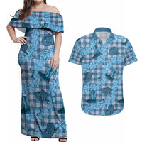 Cyan Palaka Hawaii Cowboy Couples Matching Off Shoulder Maxi Dress and Hawaiian Shirt Puakenikeni Lei Paniolo Papale Seamless Vibes LT14 Cyan - Polynesian Pride