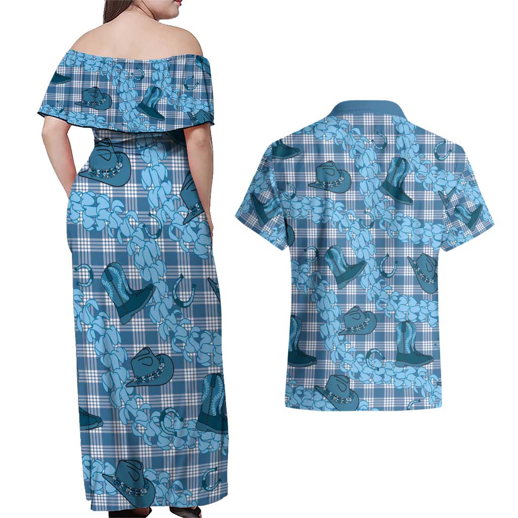 Cyan Palaka Hawaii Cowboy Couples Matching Off Shoulder Maxi Dress and Hawaiian Shirt Puakenikeni Lei Paniolo Papale Seamless Vibes LT14 - Polynesian Pride