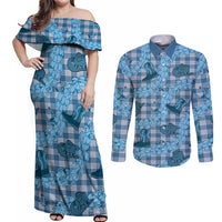Cyan Palaka Hawaii Cowboy Couples Matching Off Shoulder Maxi Dress and Long Sleeve Button Shirt Puakenikeni Lei Paniolo Papale Seamless Vibes LT14 Cyan - Polynesian Pride