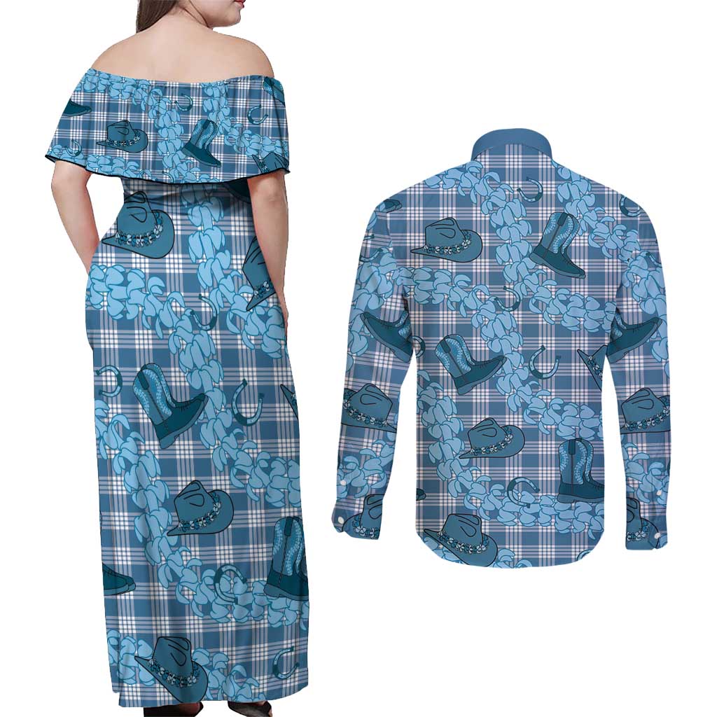 Cyan Palaka Hawaii Cowboy Couples Matching Off Shoulder Maxi Dress and Long Sleeve Button Shirt Puakenikeni Lei Paniolo Papale Seamless Vibes LT14 - Polynesian Pride