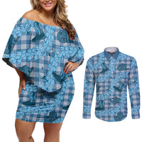 Cyan Palaka Hawaii Cowboy Couples Matching Off Shoulder Short Dress and Long Sleeve Button Shirt Puakenikeni Lei Paniolo Papale Seamless Vibes LT14 Cyan - Polynesian Pride