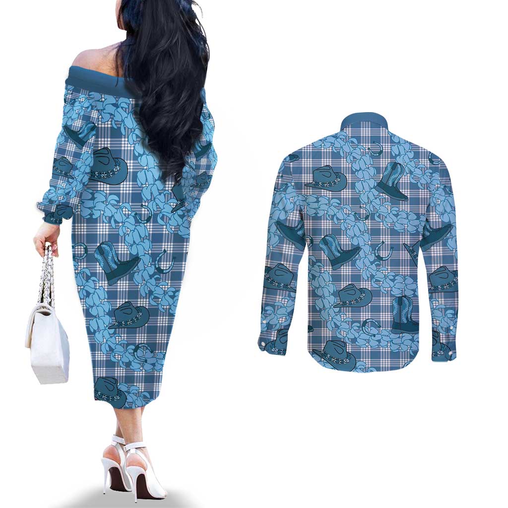 Cyan Palaka Hawaii Cowboy Couples Matching Off The Shoulder Long Sleeve Dress and Long Sleeve Button Shirt Puakenikeni Lei Paniolo Papale Seamless Vibes LT14 - Polynesian Pride