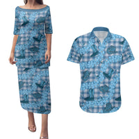 Cyan Palaka Hawaii Cowboy Couples Matching Puletasi and Hawaiian Shirt Puakenikeni Lei Paniolo Papale Seamless Vibes LT14 Cyan - Polynesian Pride