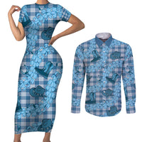 Cyan Palaka Hawaii Cowboy Couples Matching Short Sleeve Bodycon Dress and Long Sleeve Button Shirt Puakenikeni Lei Paniolo Papale Seamless Vibes LT14 Cyan - Polynesian Pride