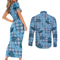 Cyan Palaka Hawaii Cowboy Couples Matching Short Sleeve Bodycon Dress and Long Sleeve Button Shirt Puakenikeni Lei Paniolo Papale Seamless Vibes LT14 - Polynesian Pride