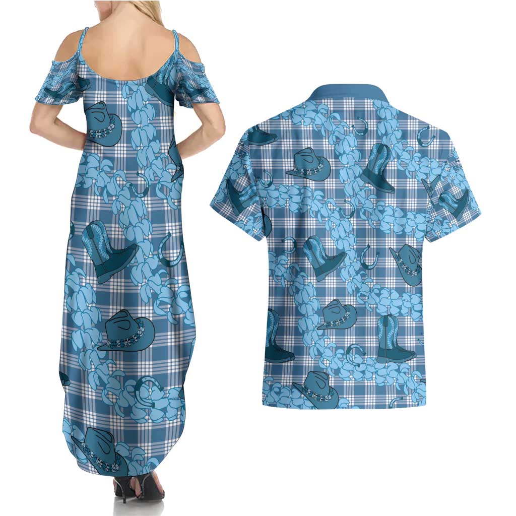 Cyan Palaka Hawaii Cowboy Couples Matching Summer Maxi Dress and Hawaiian Shirt Puakenikeni Lei Paniolo Papale Seamless Vibes LT14 - Polynesian Pride