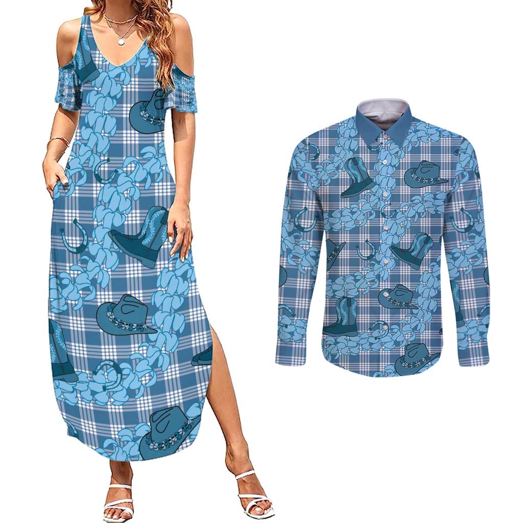 Cyan Palaka Hawaii Cowboy Couples Matching Summer Maxi Dress and Long Sleeve Button Shirt Puakenikeni Lei Paniolo Papale Seamless Vibes - Polynesian Pride