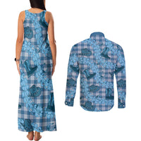 Cyan Palaka Hawaii Cowboy Couples Matching Tank Maxi Dress and Long Sleeve Button Shirt Puakenikeni Lei Paniolo Papale Seamless Vibes LT14 - Polynesian Pride