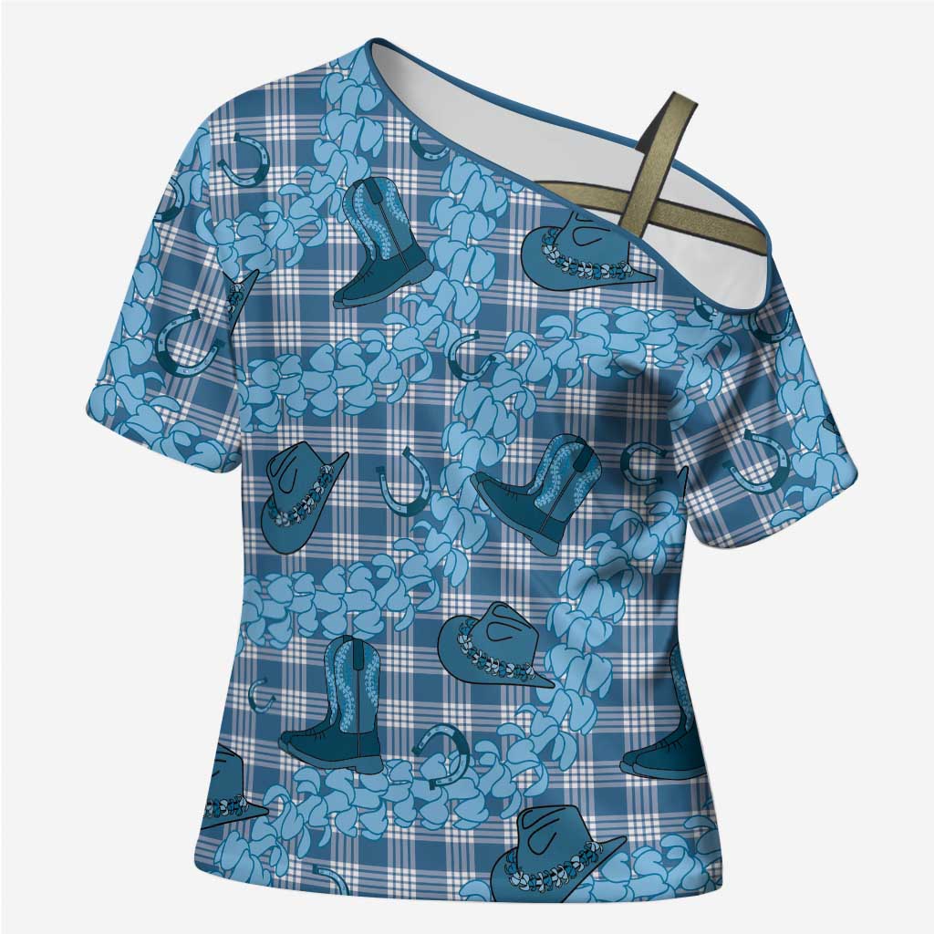 Cyan Palaka Hawaii Cowboy Cross Shoulder Shirt Puakenikeni Lei Paniolo Papale Seamless Vibes LT14 Female Cyan - Polynesian Pride